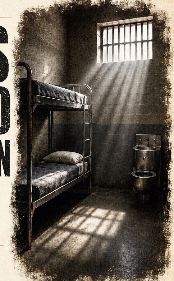 Empty prison cell with bunk beds, sink and barred window — light streaming in