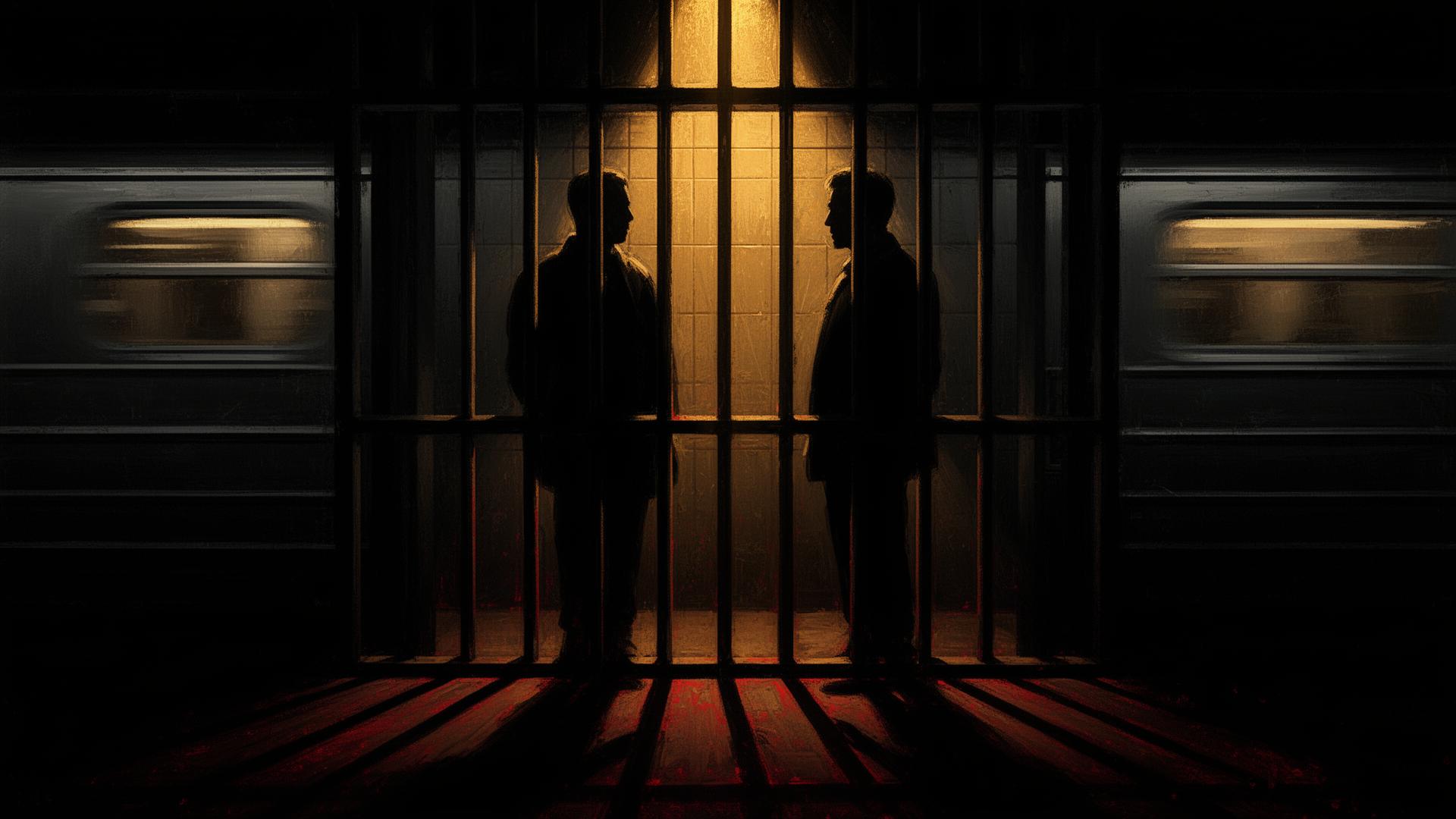 Two figures separated by prison bars in a moody subway scene